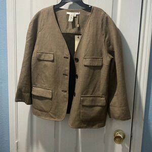 Studio M New Brown Wool Blend 3/4 Sleeves Collarless Blazer Jacket Size 16